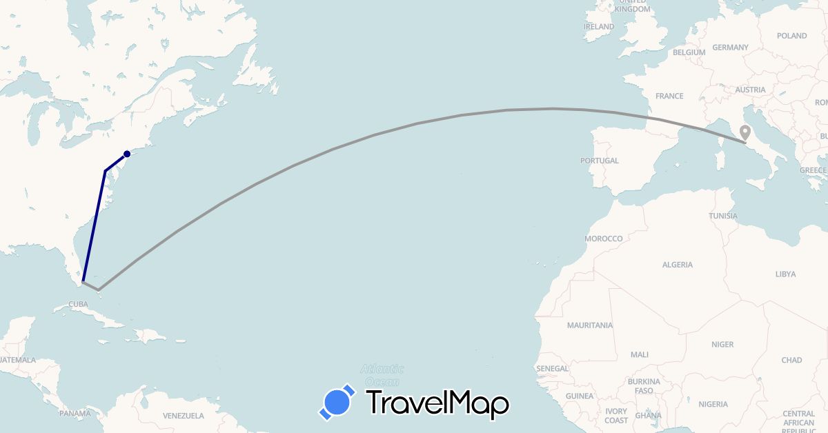 TravelMap itinerary: driving, plane in Bahamas, Italy, United States (Europe, North America)
